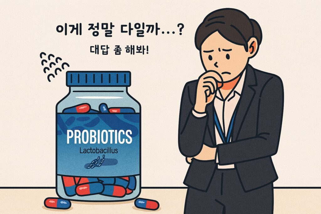 유산균으로 효과를 못봐 기깔가는 대안을 찾는 여성의 모습