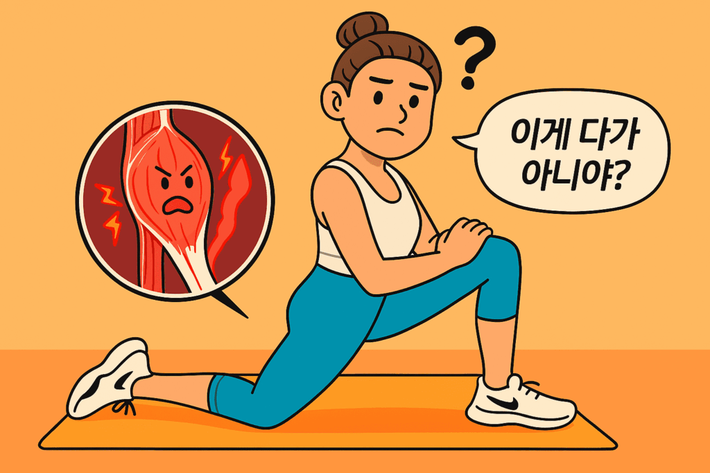 장요근 단축으로 열심히 장요근 스트레칭을 하는데, 이게 꼭 좋지 많은 안다는 것. 이게 다가 아니야? 라고 항변하는 여성의 모습