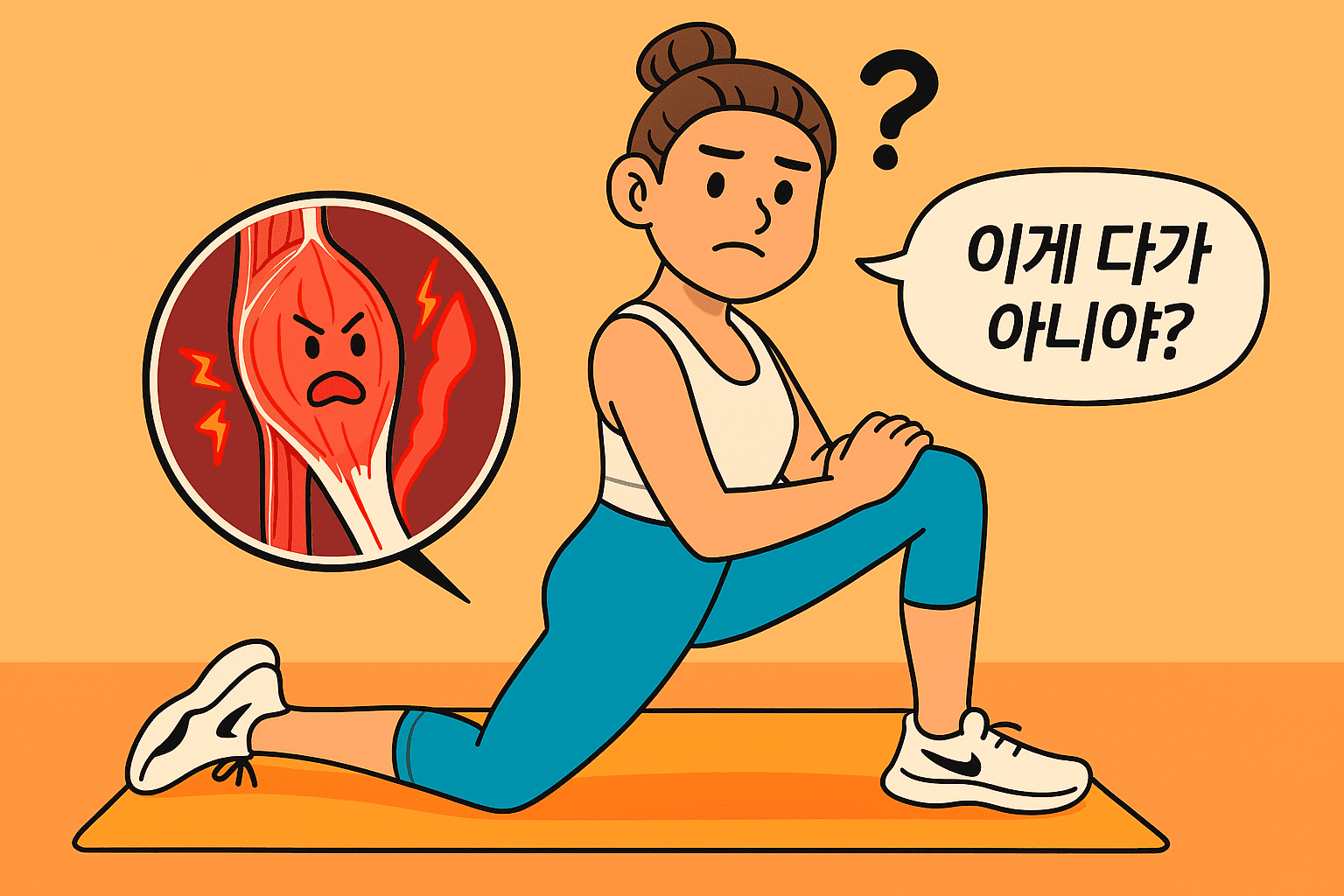 장요근 단축으로 열심히 장요근 스트레칭을 하는 여성의 모습. 하지만 장요근에 꼭 좋지는 않다는 이야기를 듣고 충격에 빠진 여성의 표정.