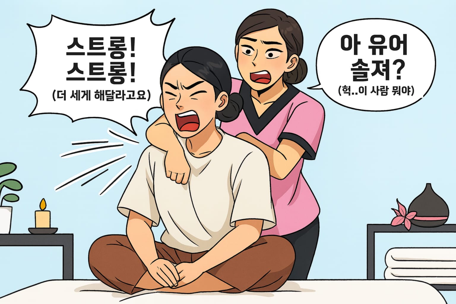 개그우먼 이수지씨가 말한 태국 마사지 일화. 어깨가 자꾸 굳어서 점점 더 센 마사지를 원하게 되었는데, 마사지사에게 더 세게 해달라고 했더니 마사지사가 군인이냐고 놀라서 물어봤다고 한다.