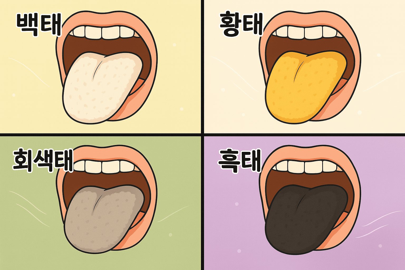 설태에도 종류가 있다. 백태, 황태, 회색태, 흑태까지....뒤로 갈수록 상태가 나쁘다는 뜻. 심한 백태 단계에서부터 빠른 해결책을 찾아야 한다.