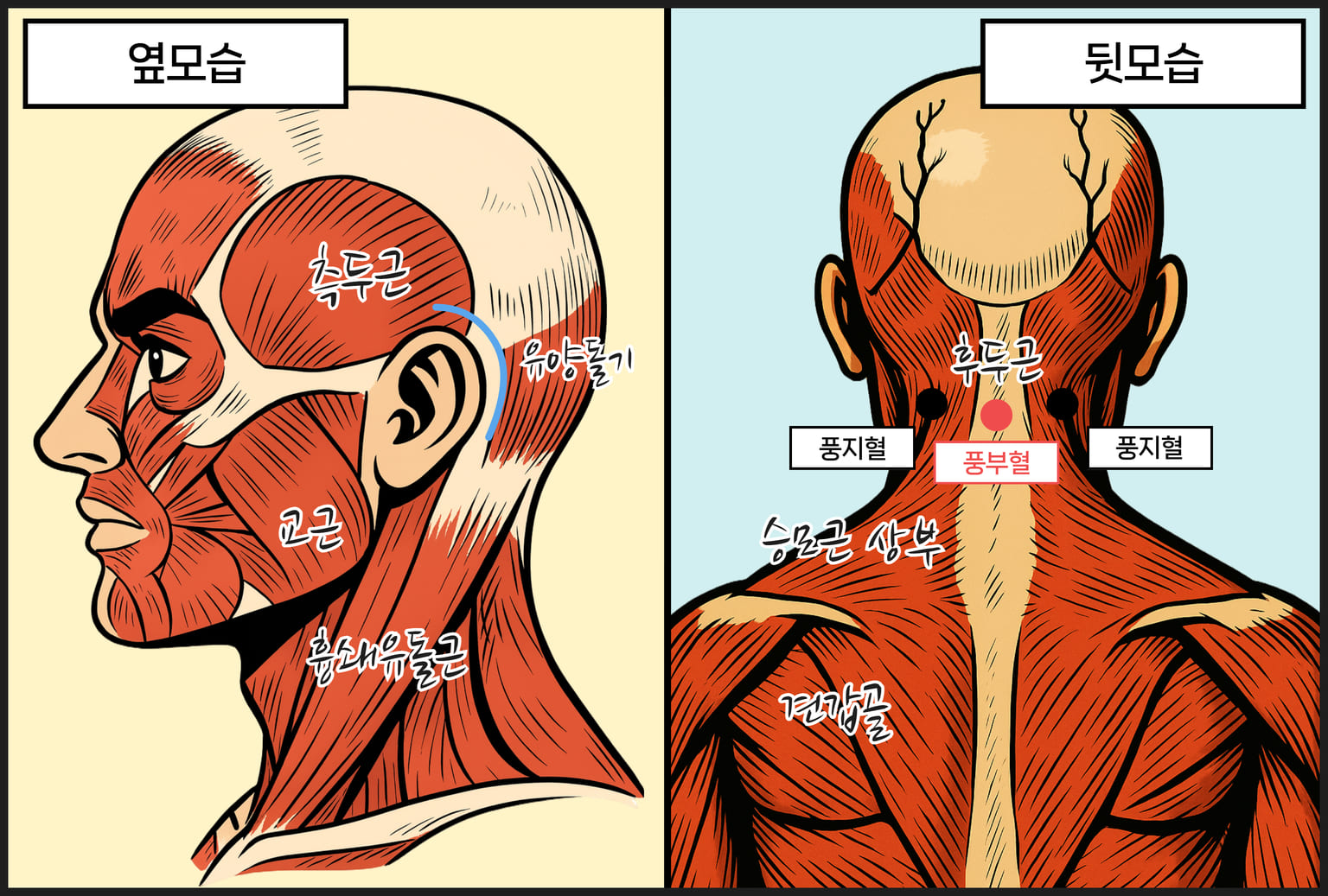 누운 귀와 돌출 귀를 셀프 교정하기 위한 측두근, 유양돌기, 교근, 흉쇄유돌근 및 승모근, 후두근, 견갑골, 풍부혈, 풍지혈 등을 그린 근육 해부도. 이를 보고 마사지하면 훨씬 좋다.