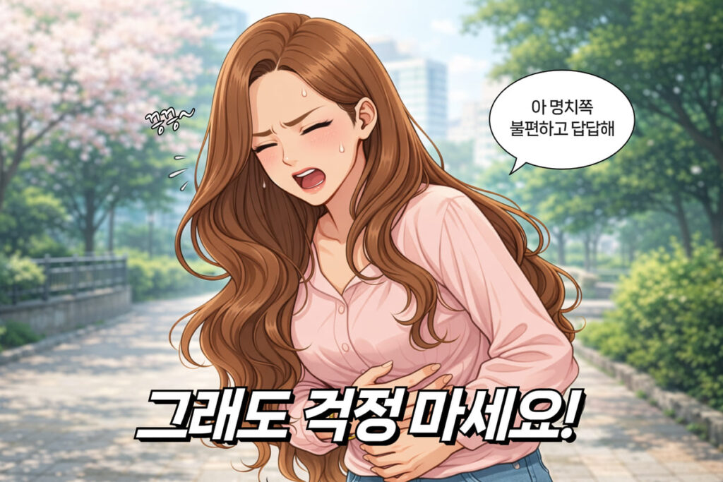 명치 아래 배꼽 위가 딱딱해 찡그리고 있는 여성