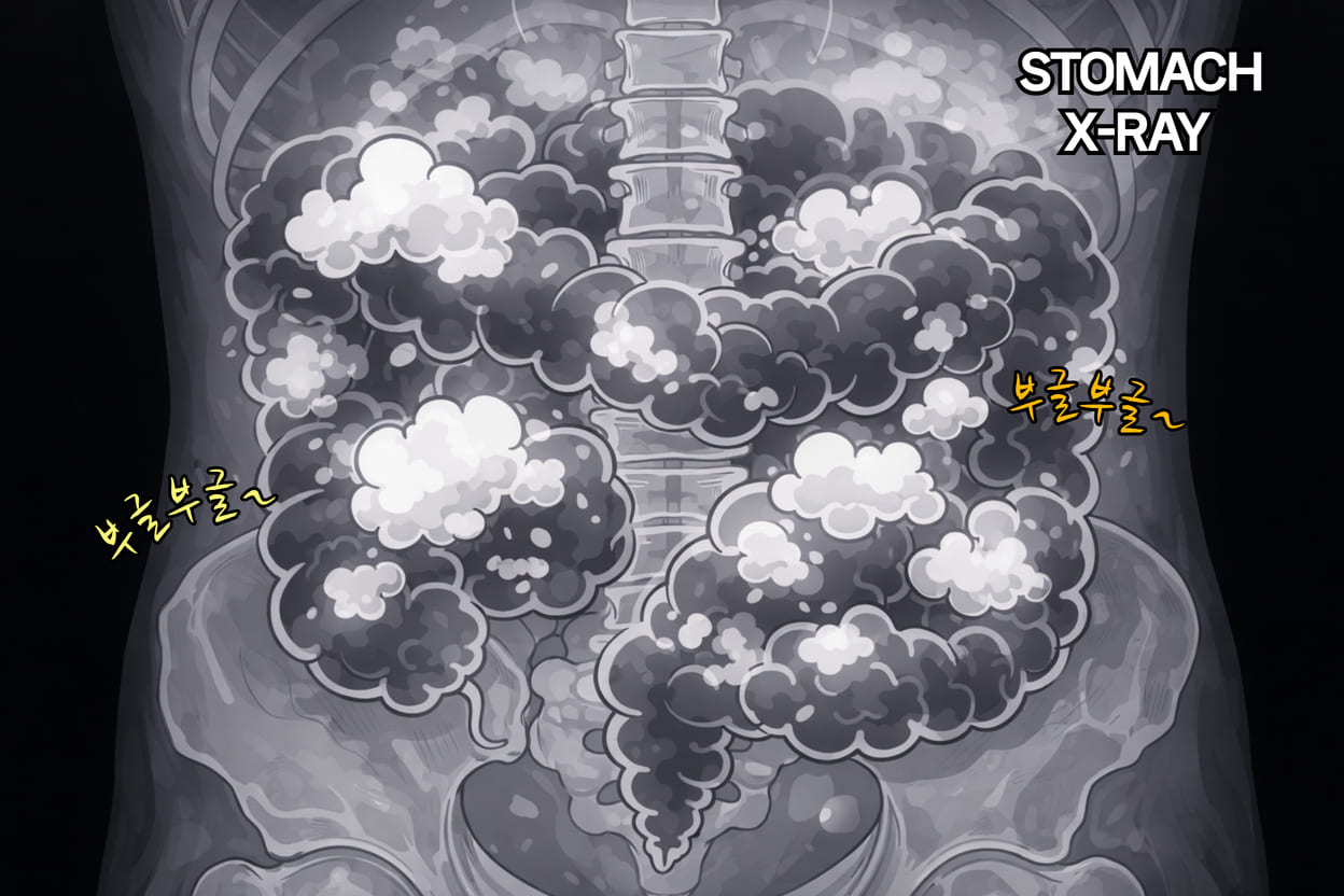 명치 아래와 배꼽 위가 굳은 경우 중 하나는 장 가스가 정체된 경우도 있다. 이는 소화력이 떨어지고 연동 운동이 되지 않아 가스가 뱃속에 정체되어 늘 명치가 답답하고 빵빵하게 느껴진다.