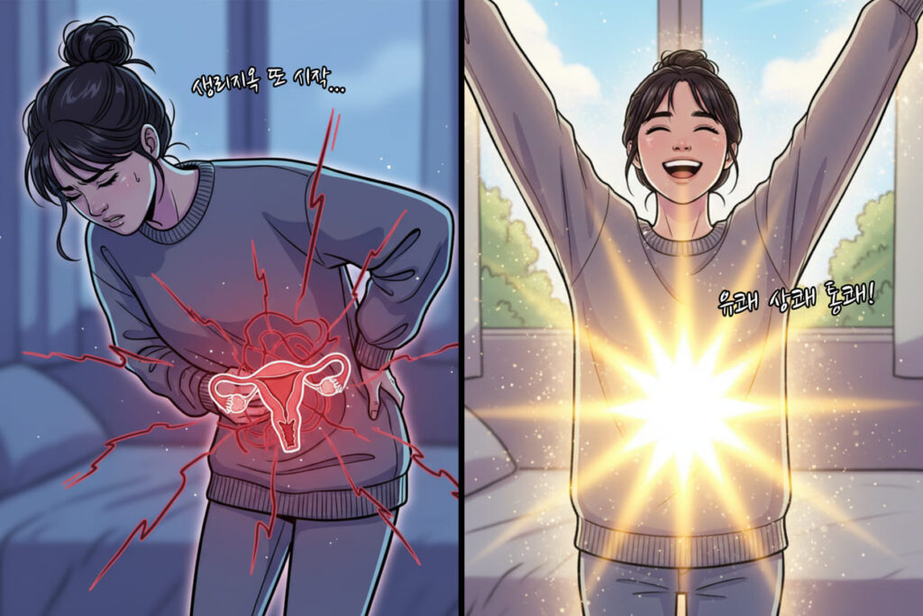 배마사지 전후 비교. 극심한 생리통과 배가 풀린 후 생리통이 완화된 개운한 모습