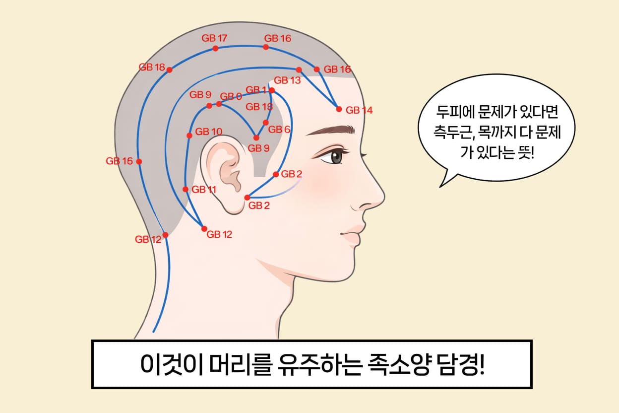 내 경우 족소양 담경이 유주하는 두피가 근질거리고 지루성 두피염이 생겼다. 보통은 두피 뿐만 아니라 경락이 흐르는 측두근 목까지 다 문제가 있는 것